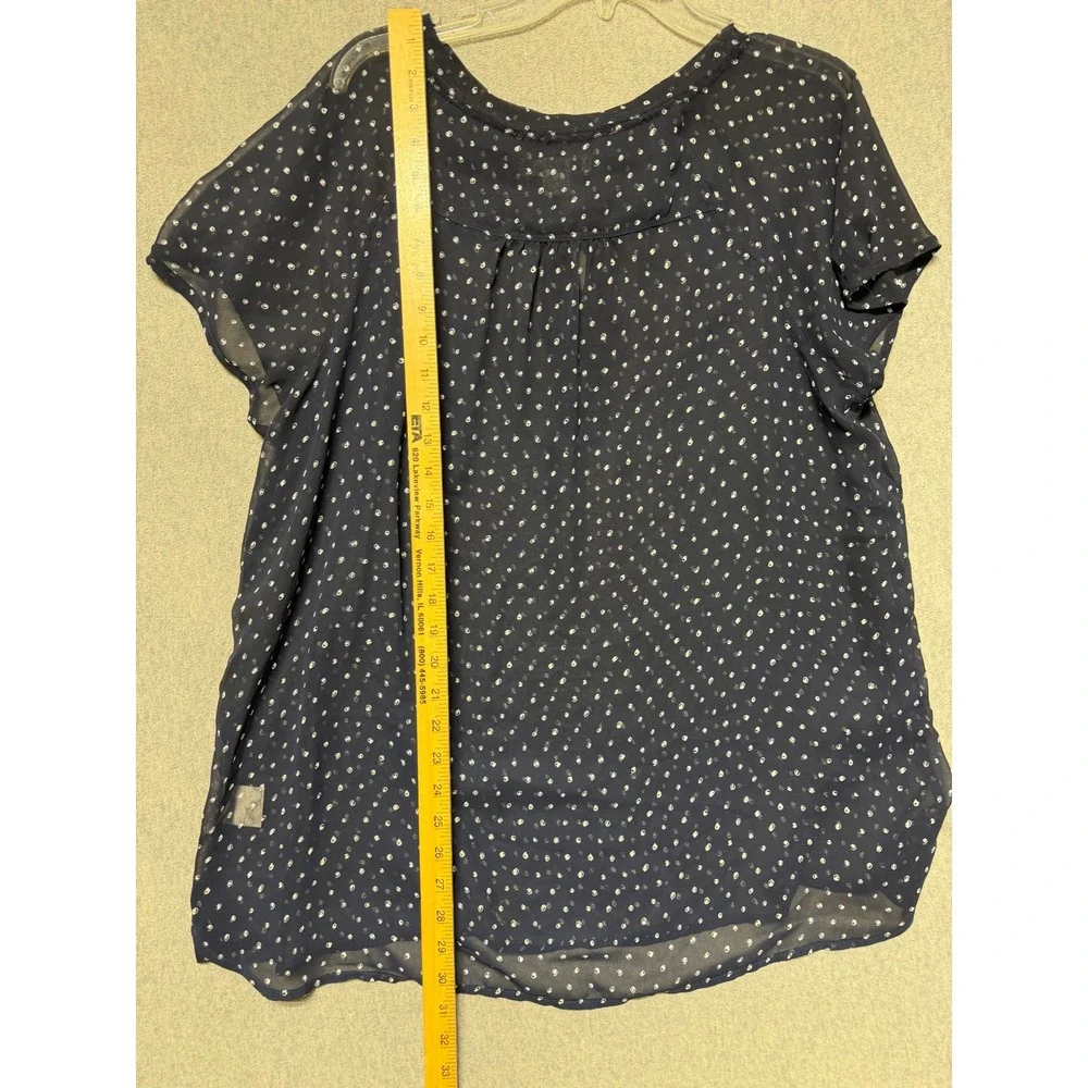 Liz Claiborne Woman Navy Blue Dotted Sheer‎ Short Sleeve Split Neck Blouse 1X